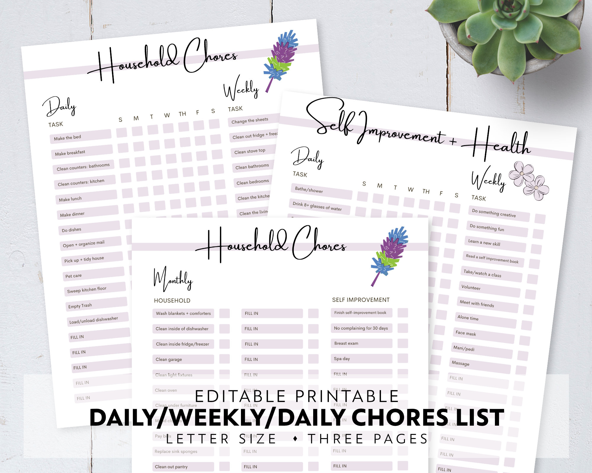 Editable Printable Daily Weekly Monthly Household Chore Cleaning 