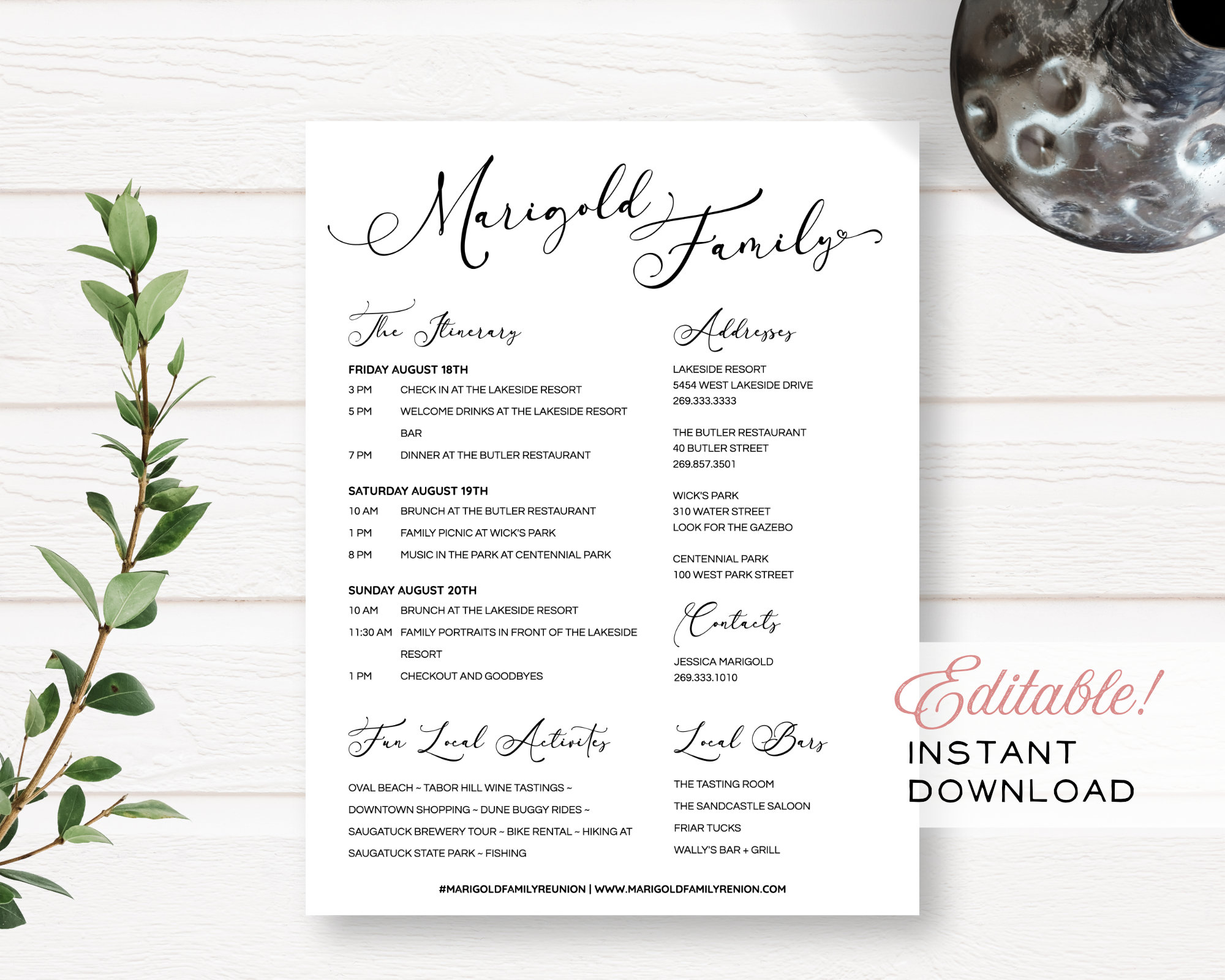 Minimalist Family Reunion Editable Customizable Event Itinerary + Details | Laura Kinker