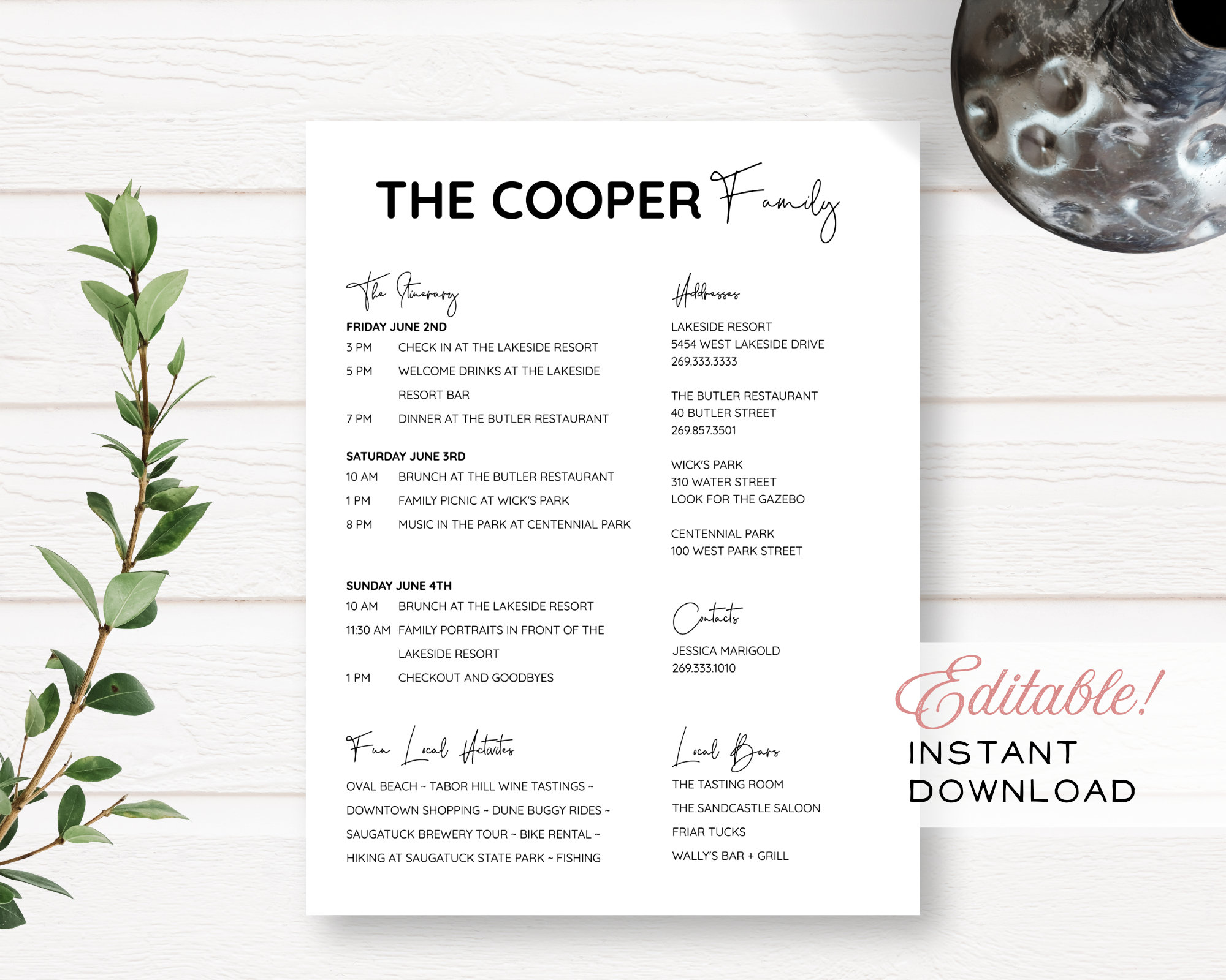 Simple Family Reunion Editable Customizable Event Itinerary Details 