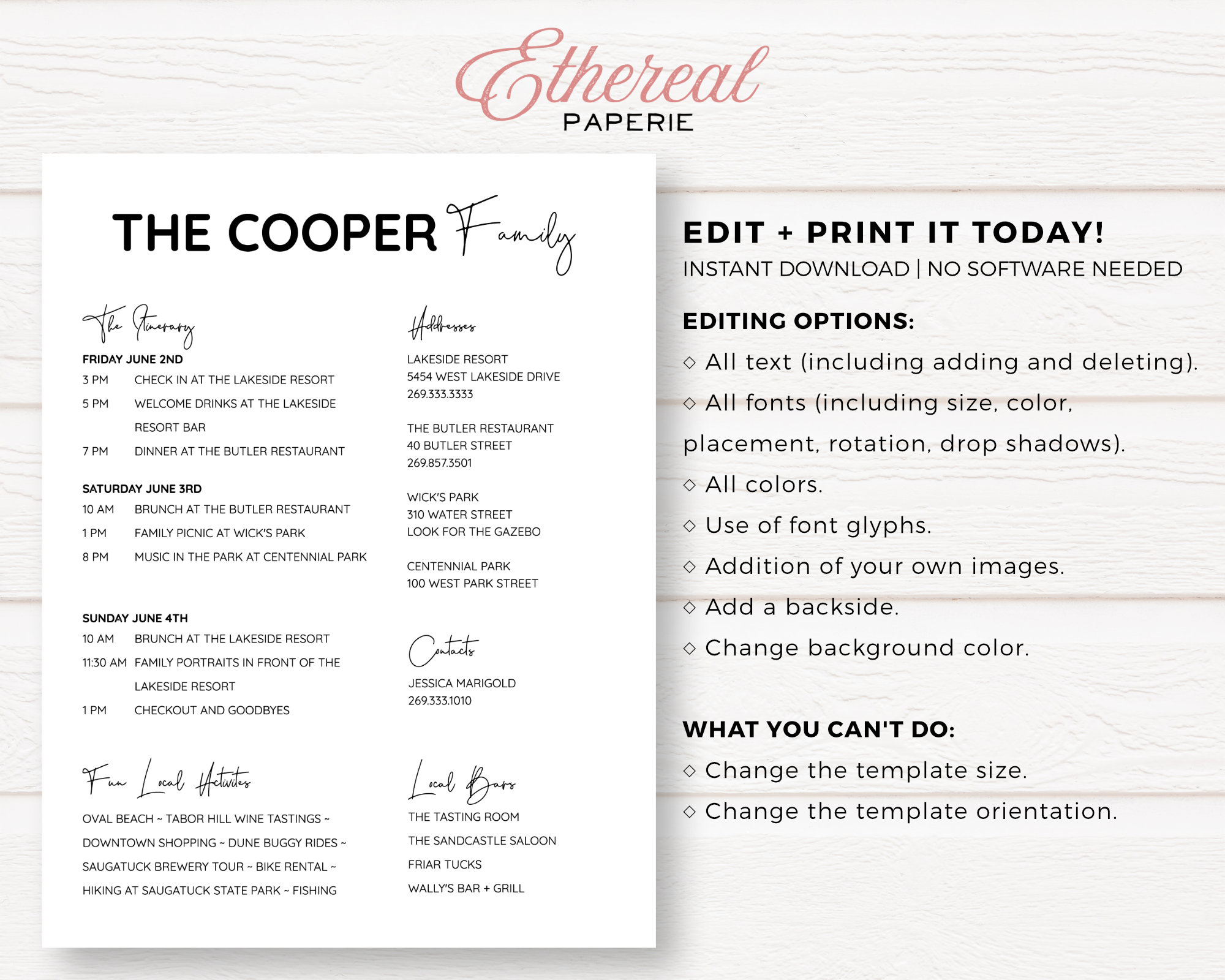 Simple Family Reunion Editable Customizable Event Itinerary Details 
