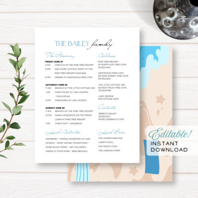 Beach Family Reunion Editable Customizable Event Itinerary + Details