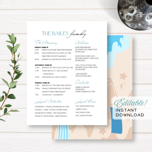 Beach Family Reunion Editable Customizable Event Itinerary + Details