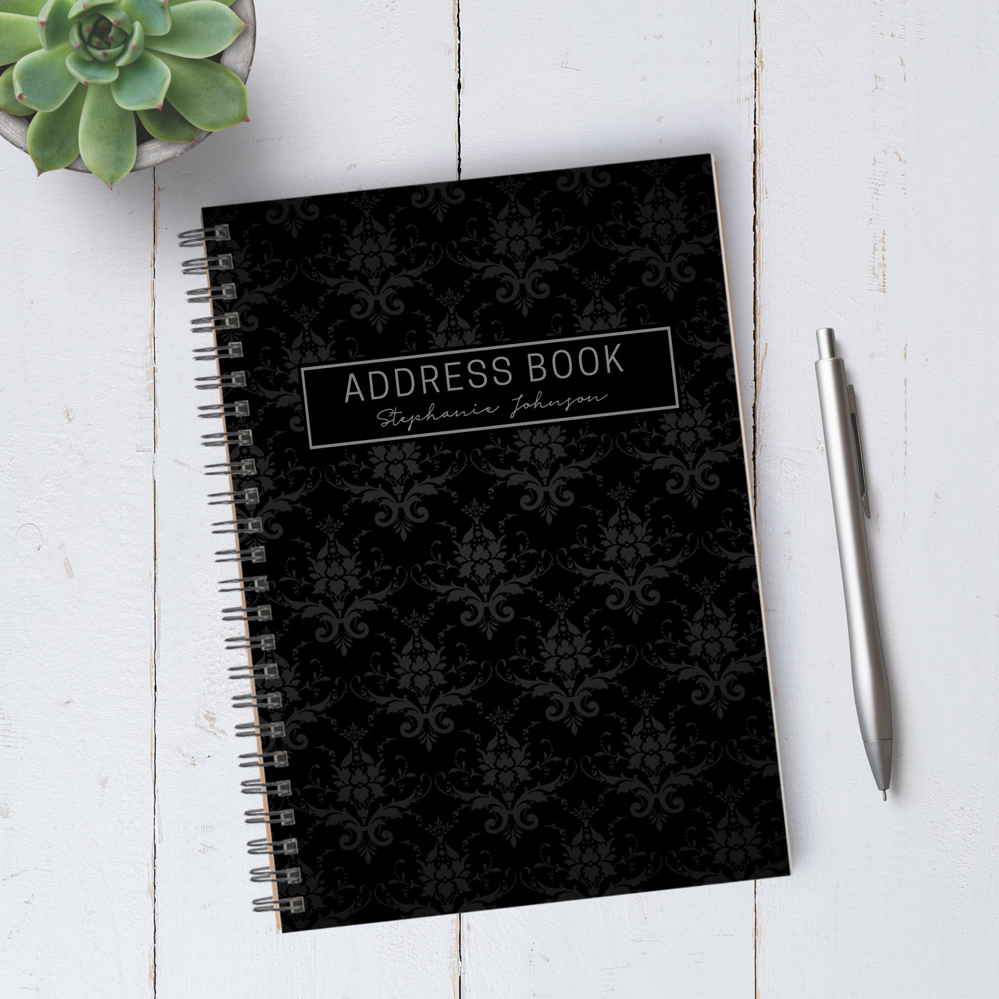 Personalizable Black Damask Address Book